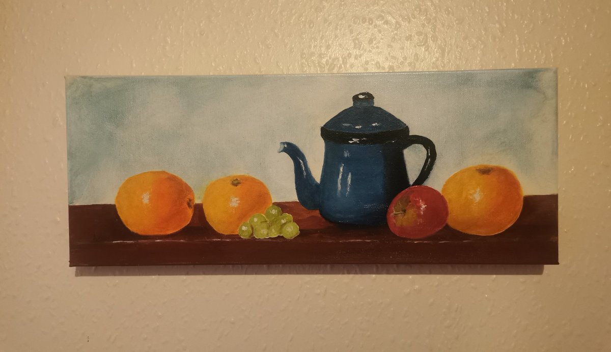 annlizkelly's tweet photo. Acrylic painting 20"x 8" on a deep edged canvas. #BlueTeapot #Fruit #AcrylicArt #StillLife #Oranges #Apples #Grapes https://t.co/eRTM4SNnjL