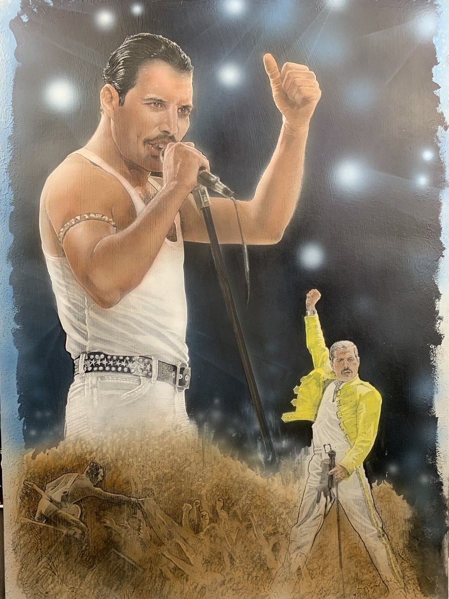 Nearly done with this piece. Airbrush and pencils. #FreddieMercury #queen For sale. PM me. <a href="/TahmohPenikett/">Tahmoh Penikett</a> <a href="/imcorinnemec/">Corin Nemec</a> <a href="/iam_jlc/">Justin Lee Collins</a> @edwardjolmos <a href="/Pancheers/">Gareth David-Lloyd</a> <a href="/TheGaryJones/">Gary Jones</a> <a href="/torri_higginson/">torri higginson 🌻 🇺🇦 🕊</a> <a href="/3MarmBrewing/">Three Marm Brewing Co.</a> <a href="/wongrel/">Benedict Wong</a>