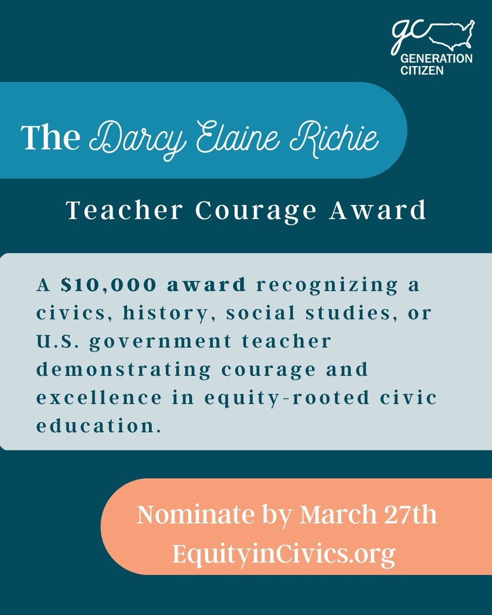 gencitizen's tweet photo. In honor of Darcy E. Richie, we're launching an award for teachers who have demonstrated courage + excellence in equity-rooted civic education. Nominate a teacher today at the link in our bio! #generationcitizen #actioncivics #darcyaward https://t.co/v9hMnrtXHd
