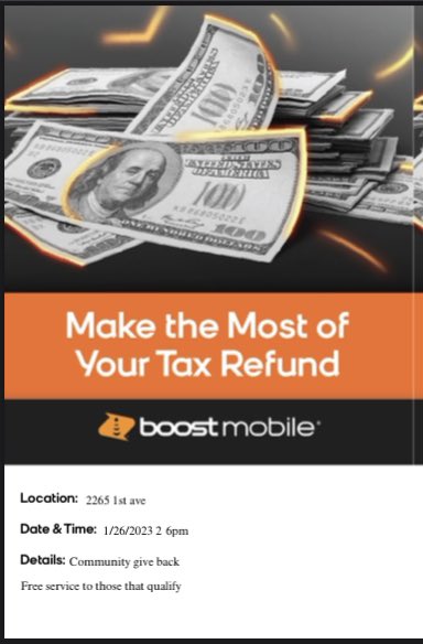 Harlem it’s the time to give back, come with us to 2265 1st ave to qualify for the best prices and promos in the market. Giving free service to those that need it the most #boost #Harlem 1/26 be there 😤😤