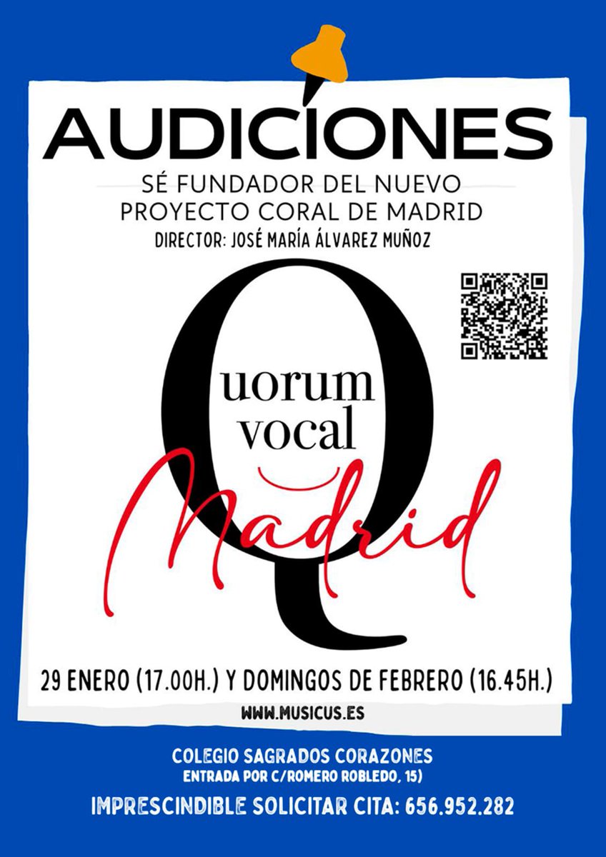 Os invitamos a participar en un nuevo proyecto cultural y de calidad que se va a desarrollar en nuestro colegio Sagrados Corazones en colaboración con Music'us y que espera ser un referente en el barrio y en todo Madrid. ¡¡Viva la música!! ¡¡Anímate a cantar en "Quorum vocal"!!