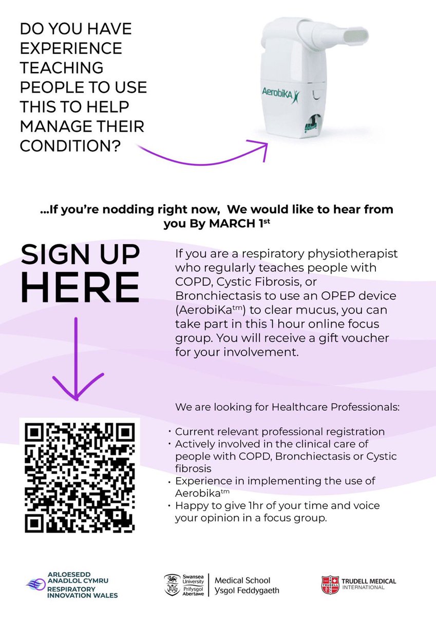 Calling all Respiritory Physiotherapists! Are you familiar with the Aerobika device? We are conducting a focus group session for health care staff that have experience in teaching airways clearance.  If selected you will be compensated for your time.