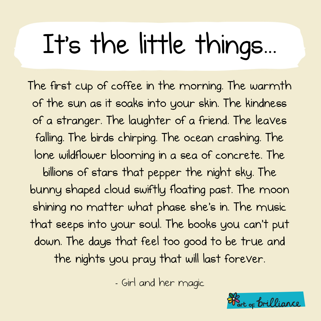 Jonathan Peach (@gobebrilliant) on Twitter photo We never know what’s waiting for us around the corner or how long we have left on this beautiful planet, so we need to make our day-to-day lives as pleasant as possible.
And it really is the little things that help make life good.
Thanks to <a href="/beingbrilliant/">Dr Andy Cope</a> for the great graphic. We never know what’s waiting for us around the corner or how long we have left on this beautiful planet, so we need to make our day-to-day lives as pleasant as possible.
And it really is the little things that help make life good.
Thanks to <a href="/beingbrilliant/">Dr Andy Cope</a> for the great graphic.