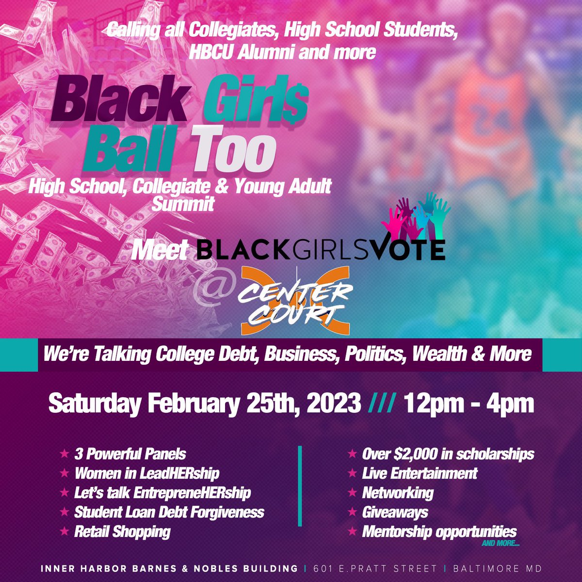 blackgirlsvote's tweet photo. Meet Team #BlackGirlsVote at #CenterCourtBaltimore 

Get ready for 3 days of fun! 

Calling all high school, collegiate students, young adults to Center Court! 

Join Black Girls Vote for our Wealth &amp; Politics Young Adult Summit on Saturday, February 25th from 12 p.m.-4 p.m. https://t.co/uLH87l69mt
