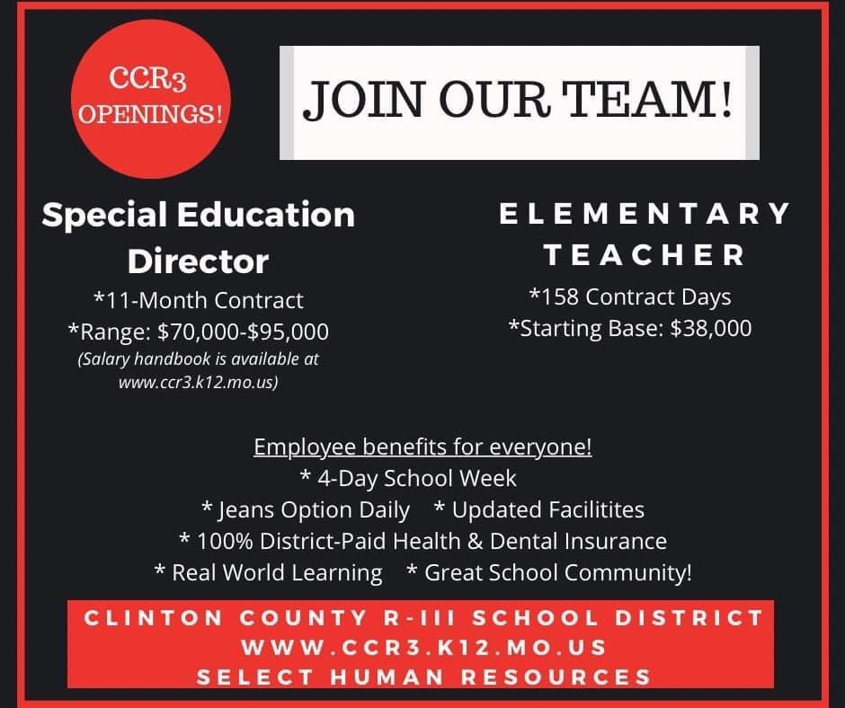 MrsCurran_CCMS's tweet photo. If you are looking for a New opportunity or a change check out the jobs that are open in Plattsburg at the Clinton County R-3 School District.￼￼￼￼ @CCMSTigers https://t.co/UPrnPnVQ2v