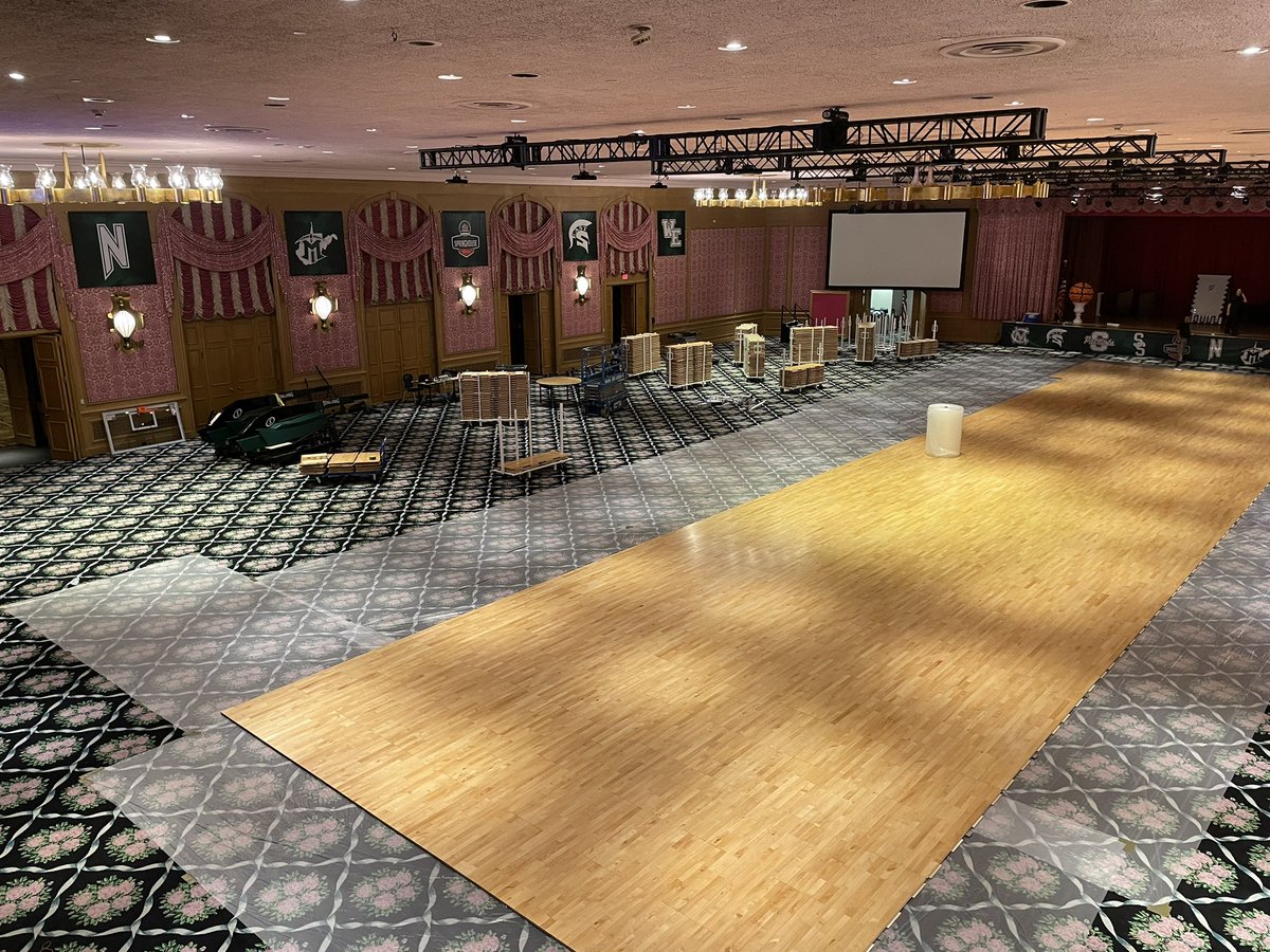 BTLSpringhouse's tweet photo. The process of transforming an elegant ballroom into an incredible basketball venue has begun. In nine days, Colonial Hall will be filled with some of the top basketball teams from around the state. 🏀 #wvprepbb #wvgirlsbb https://t.co/l6kfBL3f0U