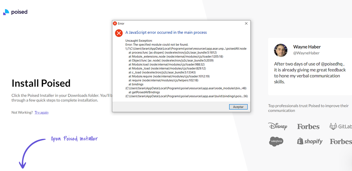 goodguyfelipe's tweet photo. @poisedhq I am trying to install Poised but keep getting this error :( https://t.co/Af7zU2vj89