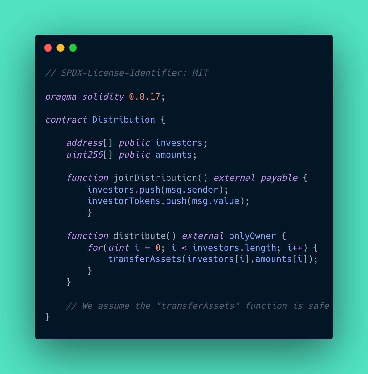 polthedev's tweet image. 🚨 What could go wrong with this smart contract? A bad actor can start a DOS attack and make the smart contract non-functional. How?