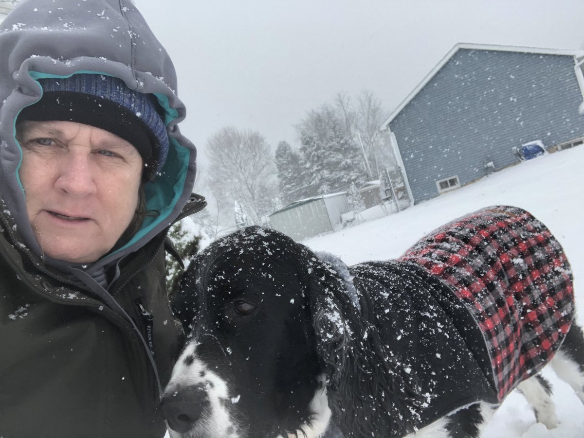 debblunk's tweet photo. First round of shoveling snow done .. had a little help with moxie and sporting his new coat !! Might come back out and build a snowman later today .. hope Washington kiddos get chance today !!! #washingtonstem https://t.co/o6ILDwAsup