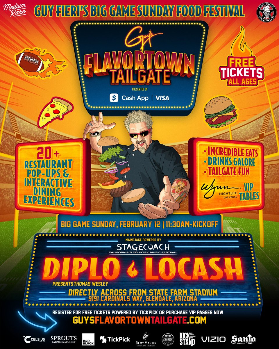 jennbaluch's tweet photo. We're heading to @GuysTailgate with @guyfieri, before the Big Game on Sunday, Feb 12. FREE Tickets, all ages, directly across from State Farm Stadium and 20+ food vendors - it's truly the ultimate tailgating party! Register now for free tickets at https://t.co/PbEzbWJ3qC https://t.co/T6FkEiOw5Y