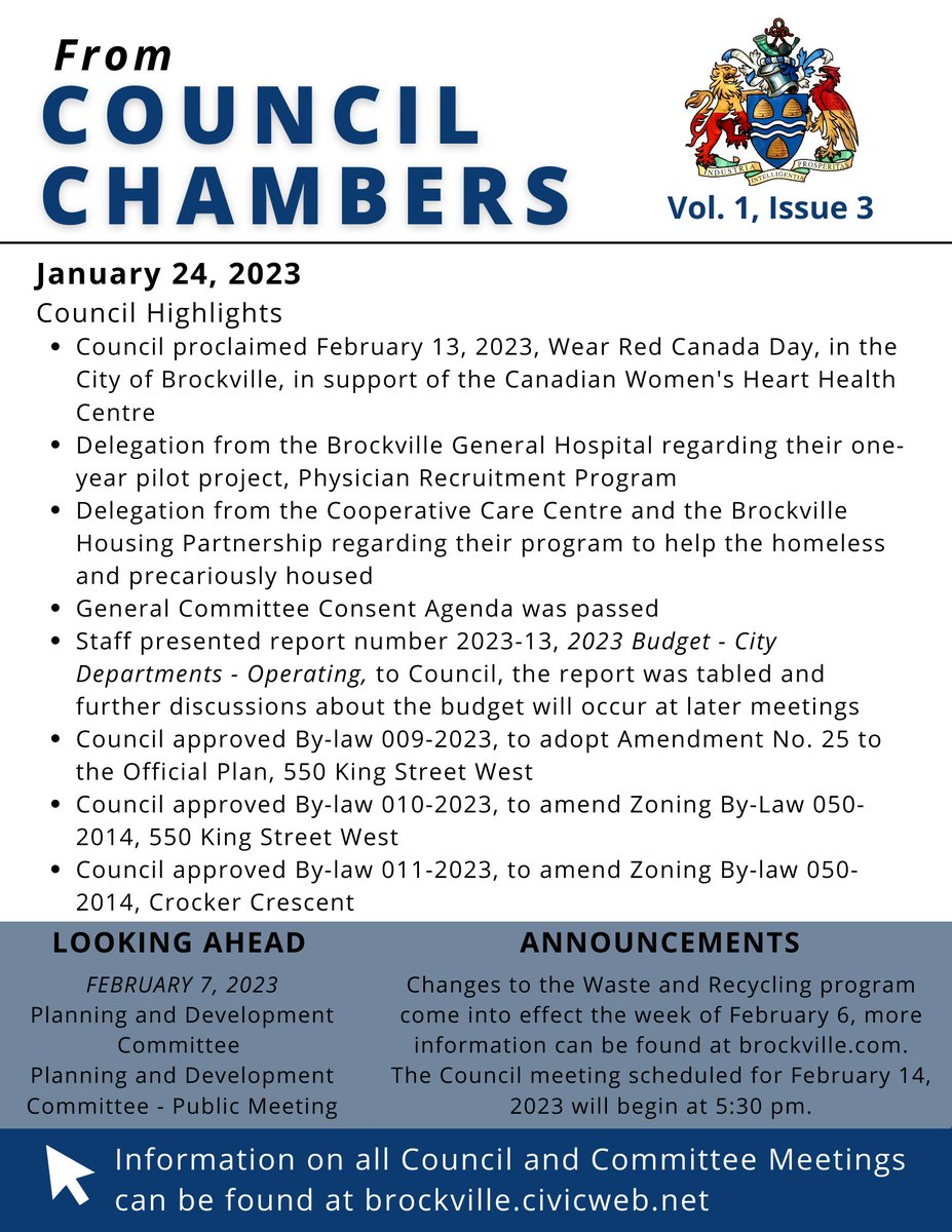 "From Council Chambers" provides an overview of the 
<a href="/BrockvilleON/">City of Brockville</a> meeting held on January 24, 2023. To re-watch the meeting and access more information, please visit brockville.civicweb.net