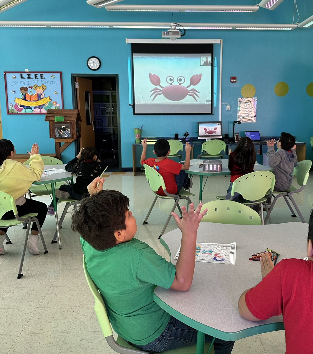 CounselorNat14's tweet photo. When we feel “crabby”, we need to remember to BREATHE! 🦀 🧘‍♀️ Miss Peña’s 2nd grade class practicing mindfulness ❤️ https://t.co/VykZMOdYhv