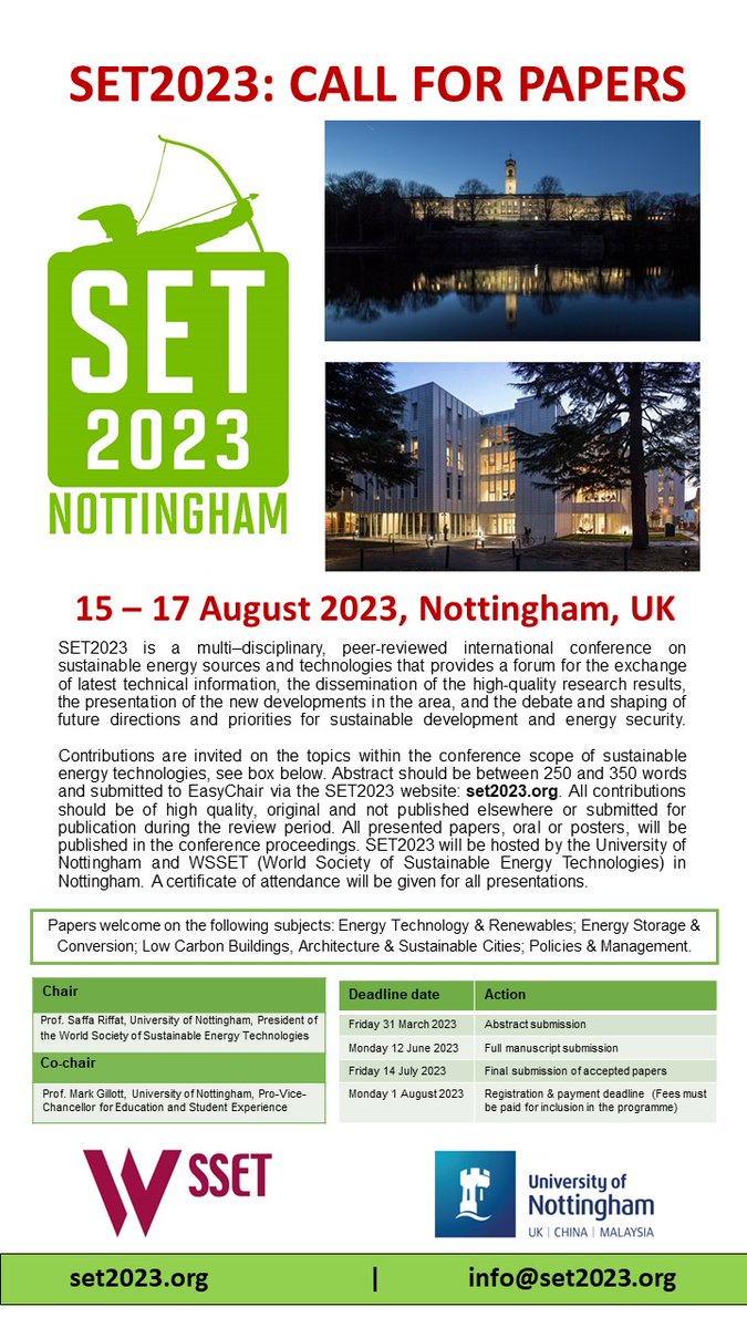 FutureCitiesJou's tweet photo. Call for Papers: SET2023 will be at the University of Nottingham, 15-17 August 2023. SET2023 is a multi–disciplinary, peer-reviewed international conference on sustainable energy sources and technologies. Submit abstracts to EasyChair via https://t.co/uWuTjWAPZM. https://t.co/ocqDbLS2RU