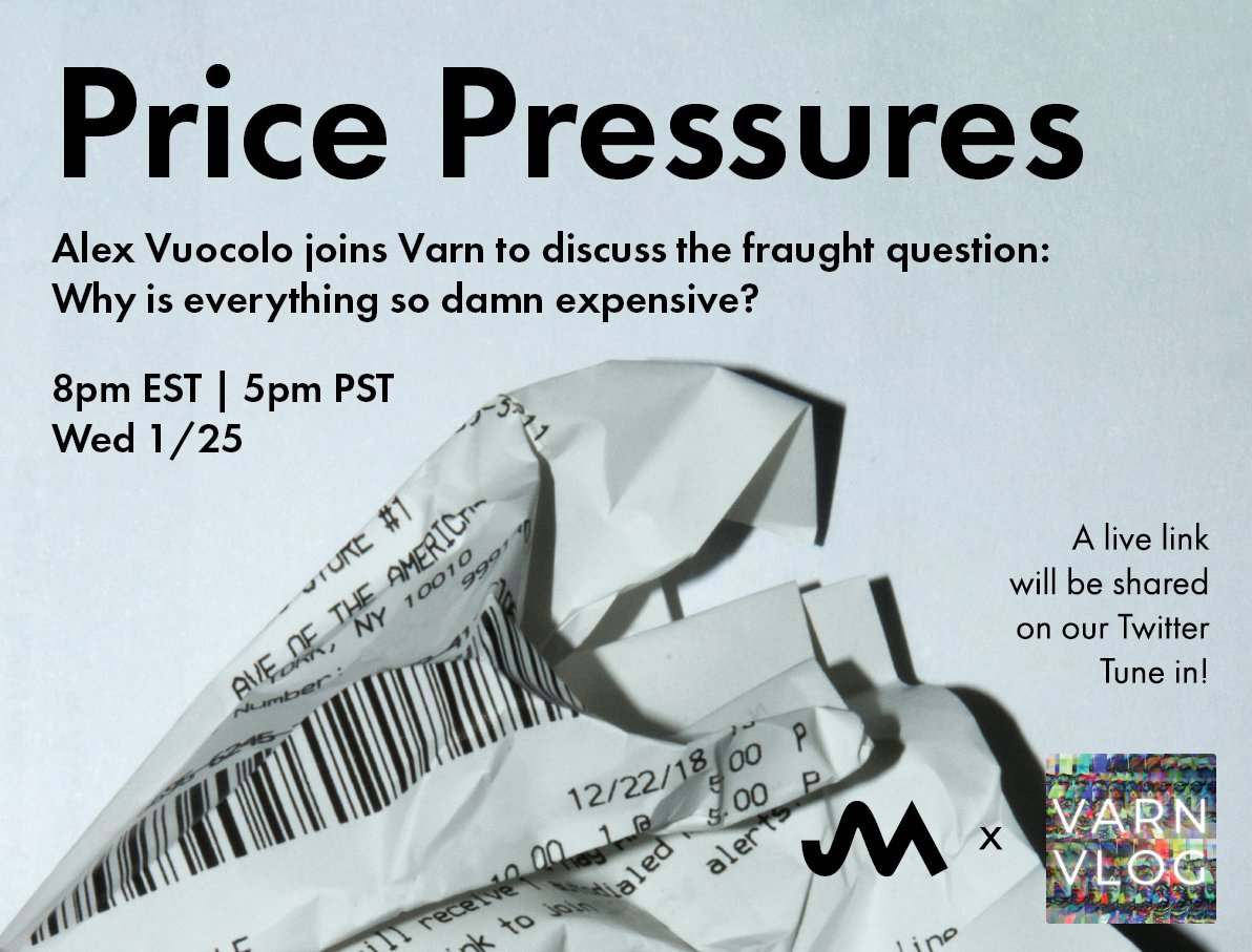 Inflation is prices going up, right? But how do capitalists set their prices, anyway?

When you actually ask them -- like <a href="/AlexVuocolo/">Alex Vuocolo</a> did for us -- the answers are surprising.

He joins @skepoet TONIGHT at 8PM EST / 5 PM PST to talk about it.

WATCH HERE: youtube.com/watch?v=Xrd3_J…