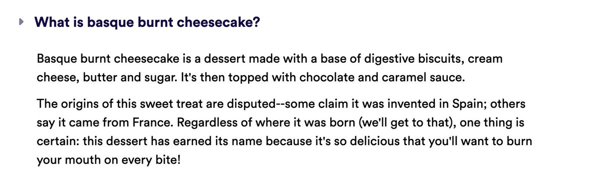 martibk's tweet photo. As all my fellow writers freak about AI, it's nice to know when it comes to my niche it doesn't know shit  #basqueburntcheesecake #burnyourmouthoneverybite https://t.co/uyFOh6Dq4E