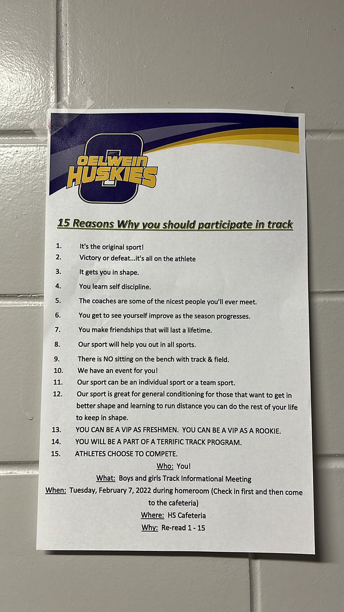 Already time to start thinking about what spring sport you will be doing! Coach G has 15 reasons why it should be track. We also have gold and tennis we will highlight. Find something to get involved in! #HuskyEDGE 🏃‍♀️🏃🎾🏌️‍♀️🏌️