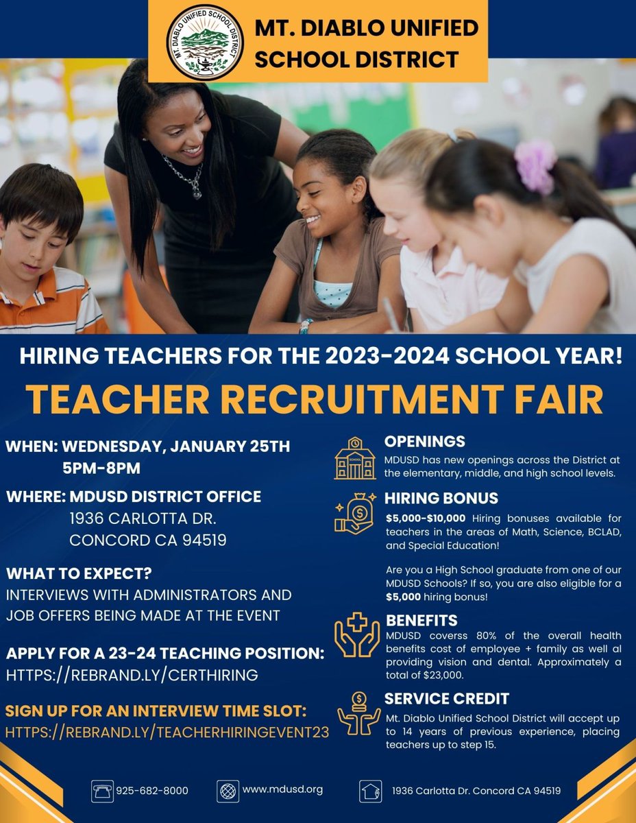 MtDiabloUSD's tweet photo. #MDUSD Teacher Recruitment Fair is TODAY from 5-8 pm! District Administrators will conduct interviews and make employment offers for the 2023-24 school year at the event. Details are at https://t.co/NWsFAMt1N0 @CoCoSchools @WeAreCTA @StmarysKSOE @EDJOIN @csueboutreach @CA_Concord https://t.co/bQzMyF0amz