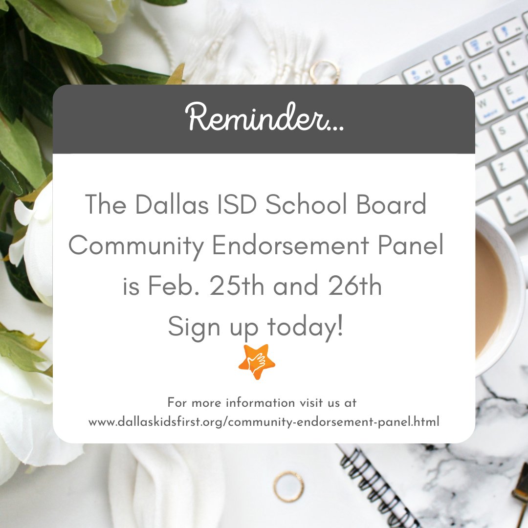 SAVE THE DATE! DKF Dallas ISD Community Endorsement Panel Feb. 25th-26th The DKF Dallas ISD Community Endorsement Panel is coming up! For more information and to sign up, go to dallaskidsfirst.org/community-endo…