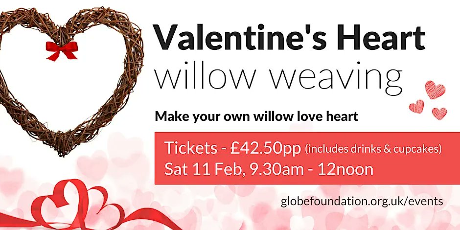 theglobefdn's tweet image. ❤️ VALENTINE'S HEART WILLOW WEAVING ❤️ Enjoy a fun introduction to willow weaving by making your very own valentine heart - Sat 10th Feb at 9.30am-12pm. All tools and materials provided.
Book here: buff.ly/3HwYtNK 

#EcoCraft #WillowWeaving