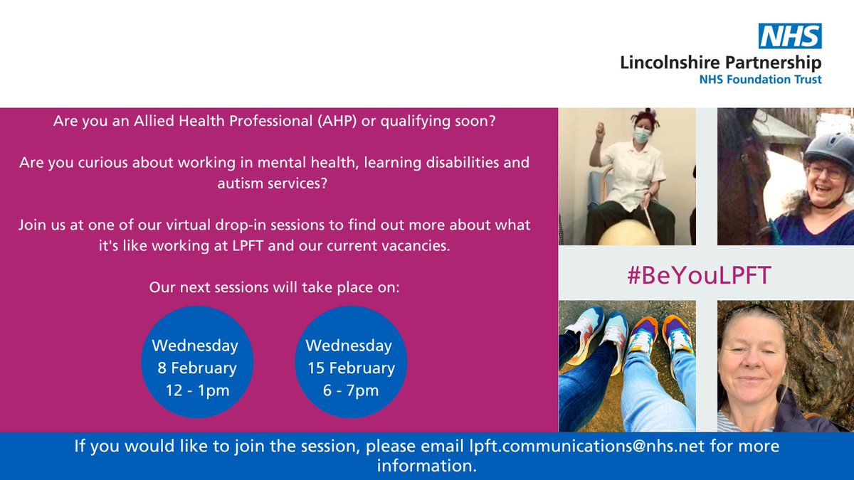 LPFTNHS's tweet photo. We're hosting two virtual drop-in sessions in February for people to find out more about what it's like being an Allied Health Professional at LPFT and our current vacancies.

Email lpft.communications@nhs.net to register.

More info at https://t.co/T25uWnAY8Z

#BeYouLPFT https://t.co/G85CvveUX9