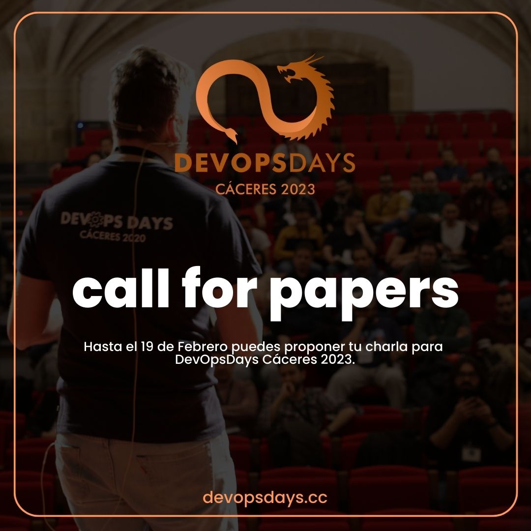 DevOpsDaysCC's tweet photo. 🎙Hasta el 19 de febrero puedes presentar tu propuesta de charla para DevOpsDays Cáceres 2023. 
¿Tienes algo que contar? Presenta tu Call for Papers y sorpréndenos.
https://t.co/D6G9NnDa0P
#DevOpsDaysCC23 #DevOpsDays #Cáceres #DevOps #C4P https://t.co/JfxDiaiitL