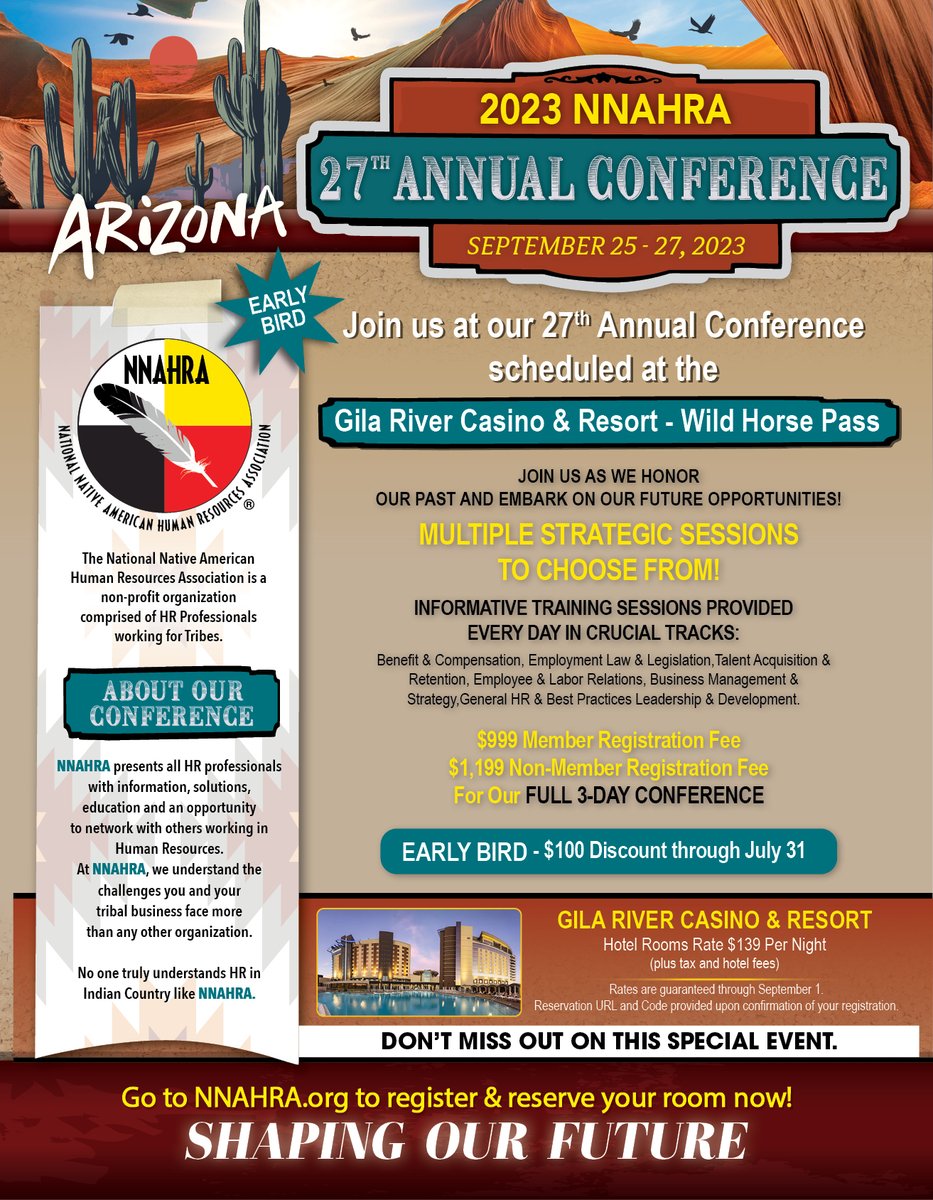 Please don't confuse us with other Native American Conferences.
NNAHRA is a non-profit organization comprised of human resources professionals and tribal leaders working for a Native American tribe.

nnahra.org/annual-confere…