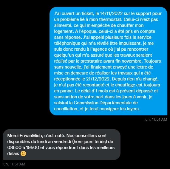 ErwanMich's tweet photo. Pour ceux qui se demandent, j'ai bien eu Monsieur G en DM lundi, hein, mais rien n'a bougé depuis, j'ai même appelé le presta de l'agence, ils n'ont jamais entendu parler du problème https://t.co/U8ifXexjc6
