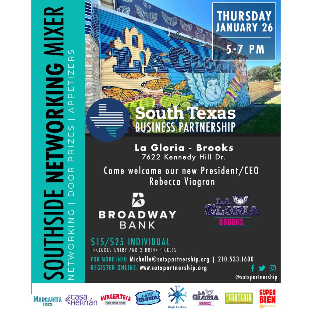 sotxpartnership's tweet photo. Don't forget to register for our networking mixer tomorrow at La Gloria where we'll be welcoming our new President/CEO Rebecca Viagran 💃🍹! Register with this link 🔗 https://t.co/9FXBhCnt1C https://t.co/t1BeGUNs82