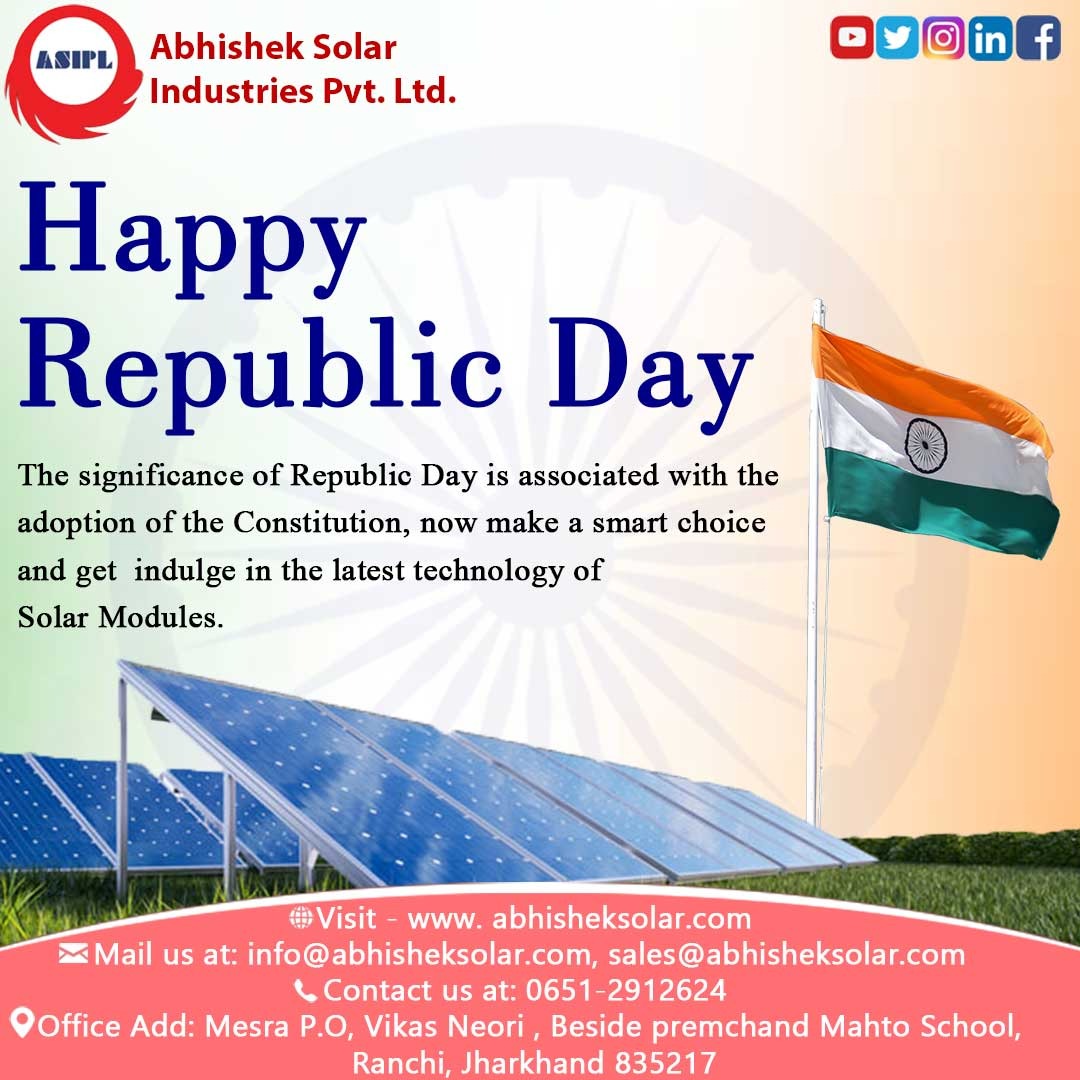 asiplranchi's tweet photo. Abhishek  Solar industries Pvt. Ltd  wishes you all a Happy Republic Day and Saraswati Puja  !!!
#HappyRepublicDay20223  #janaganamana  #national #solarpanels #vandematram  #BasantPanchami  #SaraswatiPuja  @ASIPL  @AbhishekSolarIndustriesPvtLtd  #modules #manufacturingunit https://t.co/erbllKK4yX