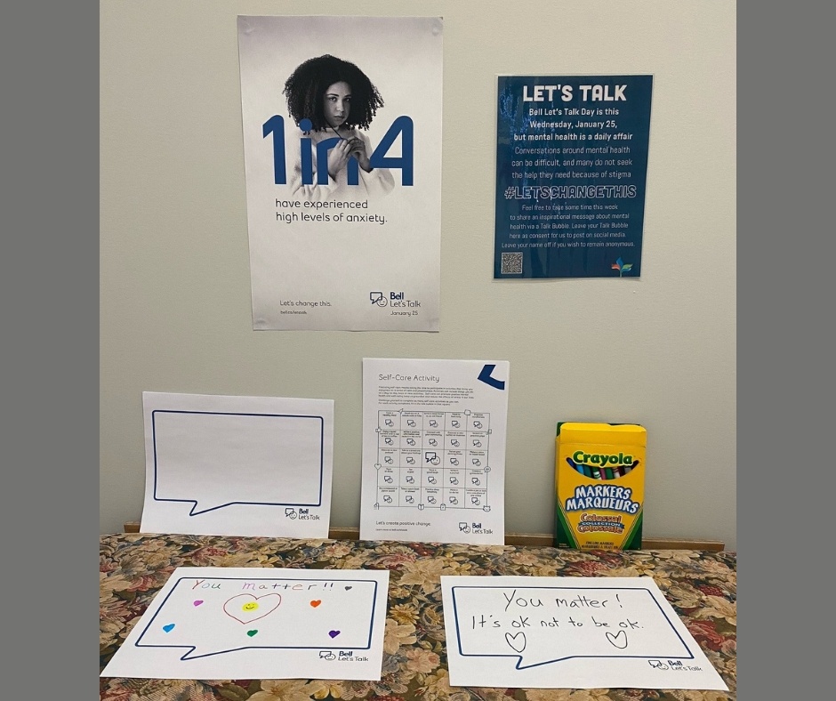 choicesforyouth's tweet photo. To help create positive change for mental health, we set up some self-care stations, so staff can take some time to check-in and share an inspirational message ๐ฃ๏ธ On #BellLetsTalk Day, what actions will you be taking? Let us know with a reply ๐#LetsChangeThis @Bell_LetsTalk https://t.co/sl1aCQD9X1