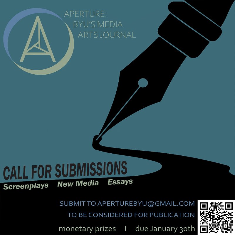 The Media Arts journal "Aperture" is now accepting submissions for 2023. 

Submit at tma.byu.edu/aperture. 

Submission are due by January 30th.