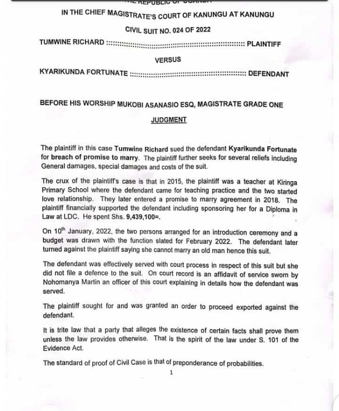 ThatLastBeast's tweet photo. LAW ALERT: Dear ladies, did you know that promising someone marriage and then later on go against your word is an offence before the law? 
Kanungu G.I magistrate has awarded costs to a victim of this "scam" and as well reimbursements for the recognizable expenses ie tuition😃 https://t.co/Snoo2a86J5
