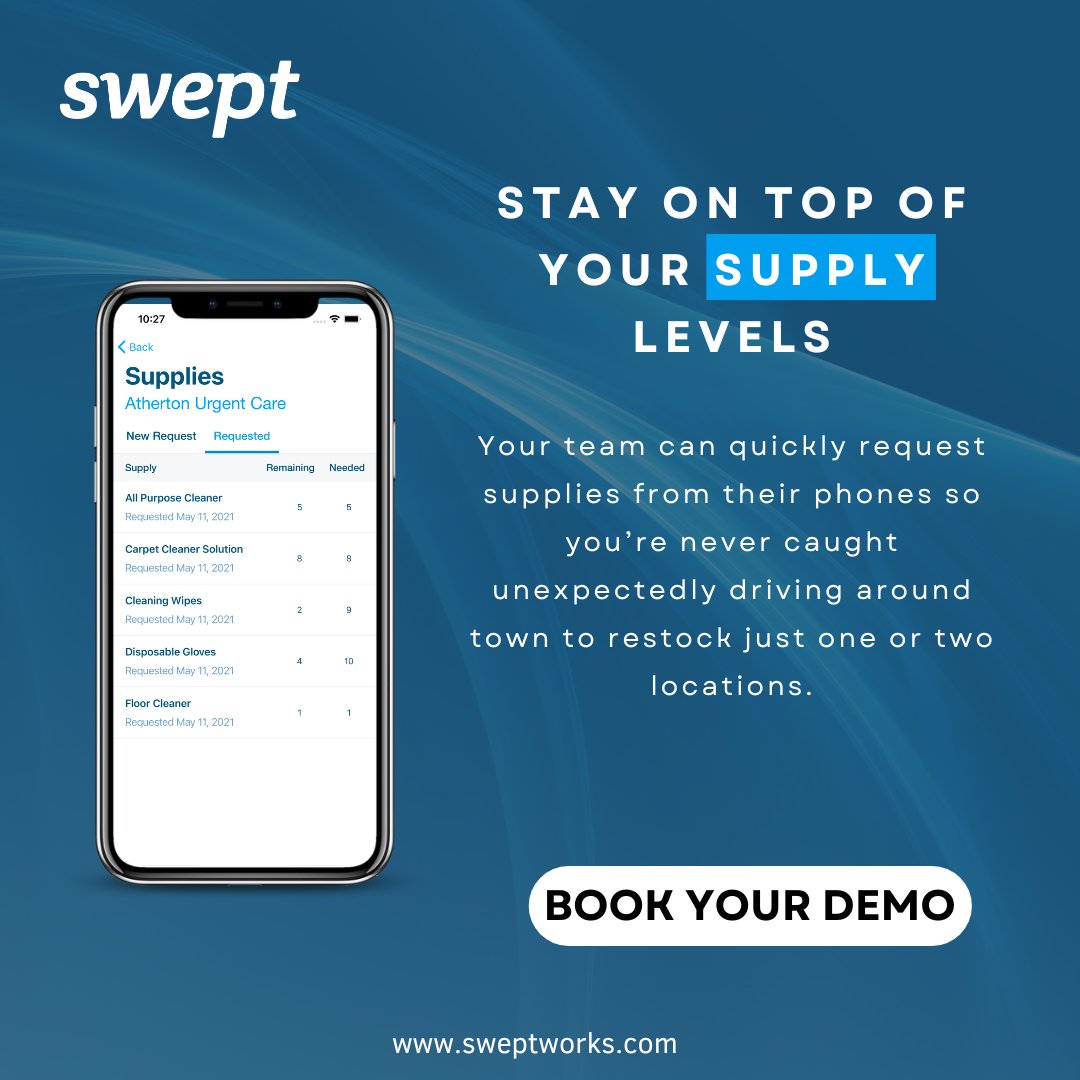 sweptworks's tweet image. It may take up your entire day, trying to keep track of which locations need  supplies.  

Learn how Swept helps you stay on top of your Supply maintenance and automate the entire process- hubs.la/Q01zbDHm0

#Sweptworks #janitorialsoftware