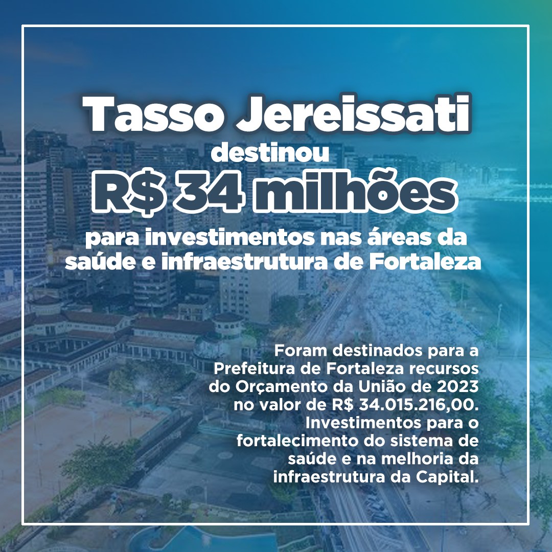 Destinei para a Prefeitura de Fortaleza recursos do Orçamento da União de 2023 no valor de R$ 34.015.216,00. Investimentos para o fortalecimento do sistema de saúde e na melhoria da infraestrutura da Capital.