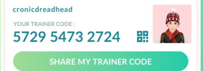 cronicdreadlock's tweet photo. Hey Mutuals! Shiny Hunters and XP grinders. Add me on PoGo! If your a Mutual comment below so I can make sure to give ya a nickname.
And raids! If I have the coins I joins.
My Trainer Code is
(5729 5473 2724)
#PokemonGOfriends #pokemongo #shinypokemon #friendcode #pokemonraids https://t.co/aYsg7doSjj