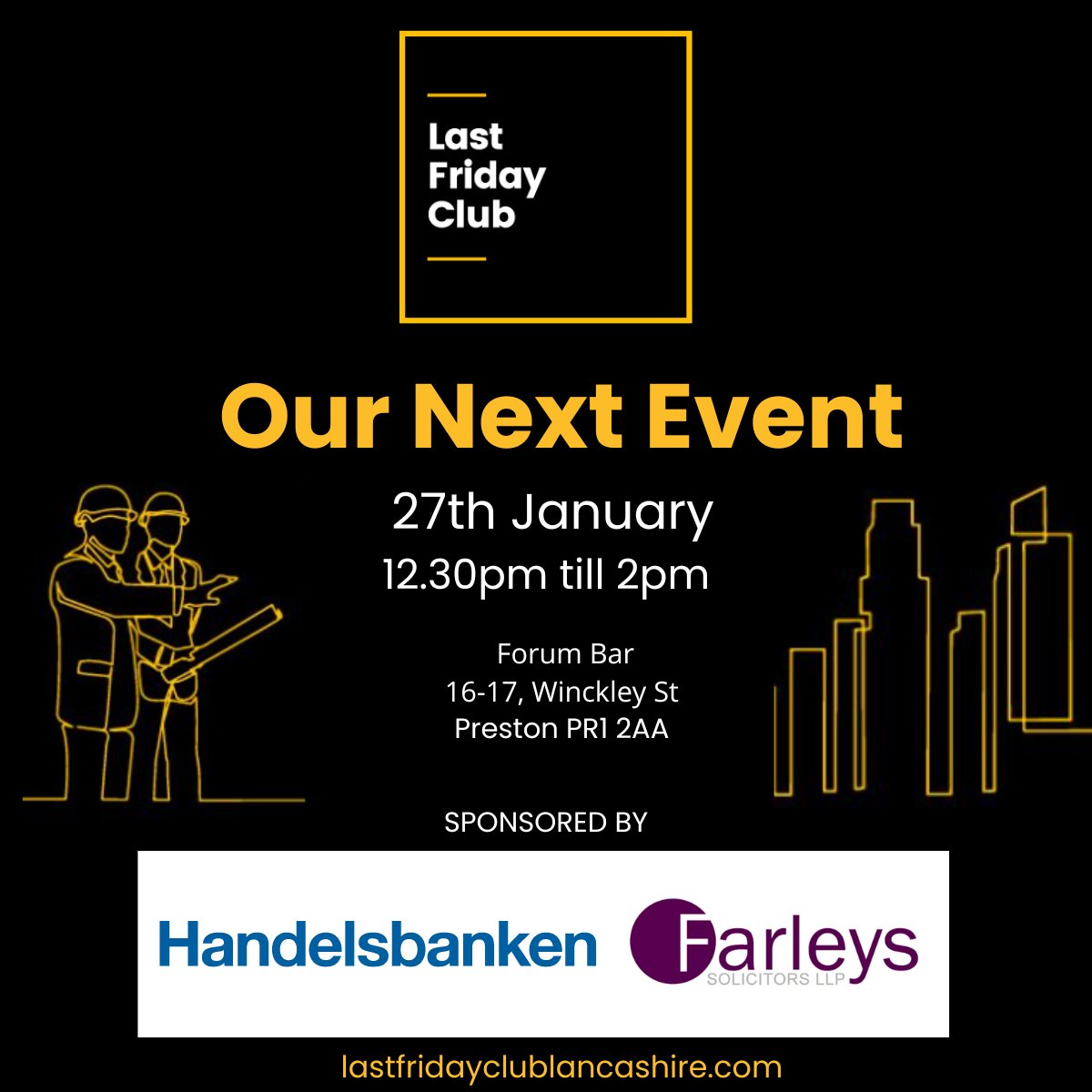 FarleysLaw's tweet photo. This Friday, we're sponsoring #LastFridayClub alongside @HandelsbankenUK
If you're unfamiliar with the Last Friday Club, it's a hugely popular networking event for anyone in the property and construction industry. No need to book; just come along to share ideas and network! https://t.co/AD6RgGWdgM