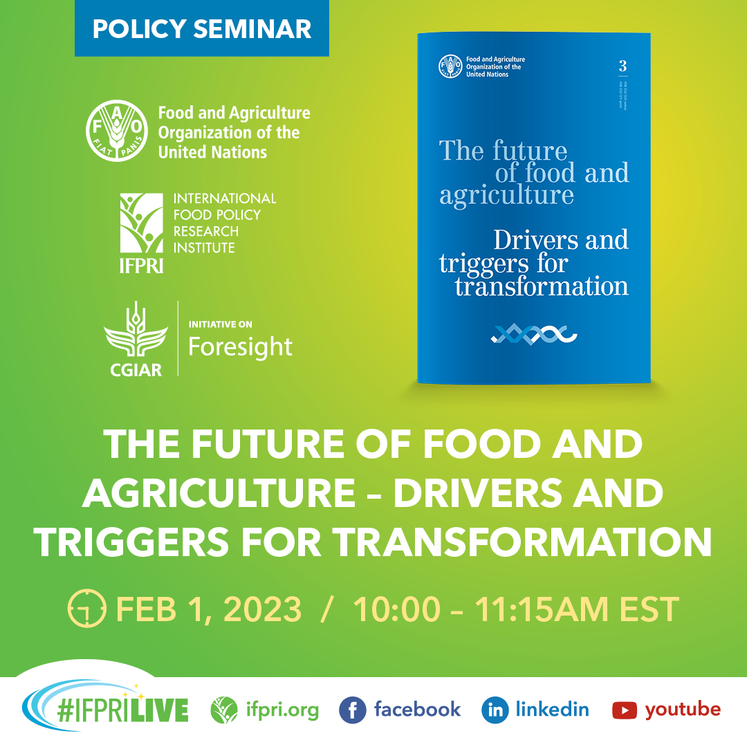 The new @FAO report aims to inspire strategic thinking & actions to transform agrifood systems toward a sustainable, resilient, & inclusive future. 📘 To learn more, don't miss this @FAO-@IFPRI-@CGIAR event: bit.ly/food-agri #CGIARForesight @FAONorthAmerica @FAOSocioEcon