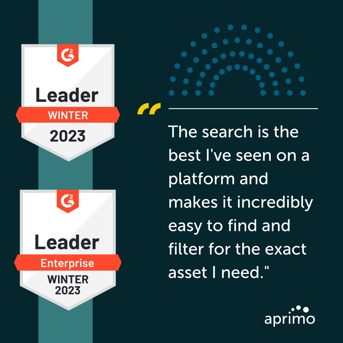 Aprimo's tweet image. We don&apos;t say ⭐industry-leading⭐  content operations solutions for nothing. Thank you G2 for including Aprimo in your 2023 winter report as an overall DAM Leader and a Leader for Enterprise DAM. bit.ly/3W6ztSn  

#EnterpriseContent #DAM #DigtialAssetManagement #G2Report