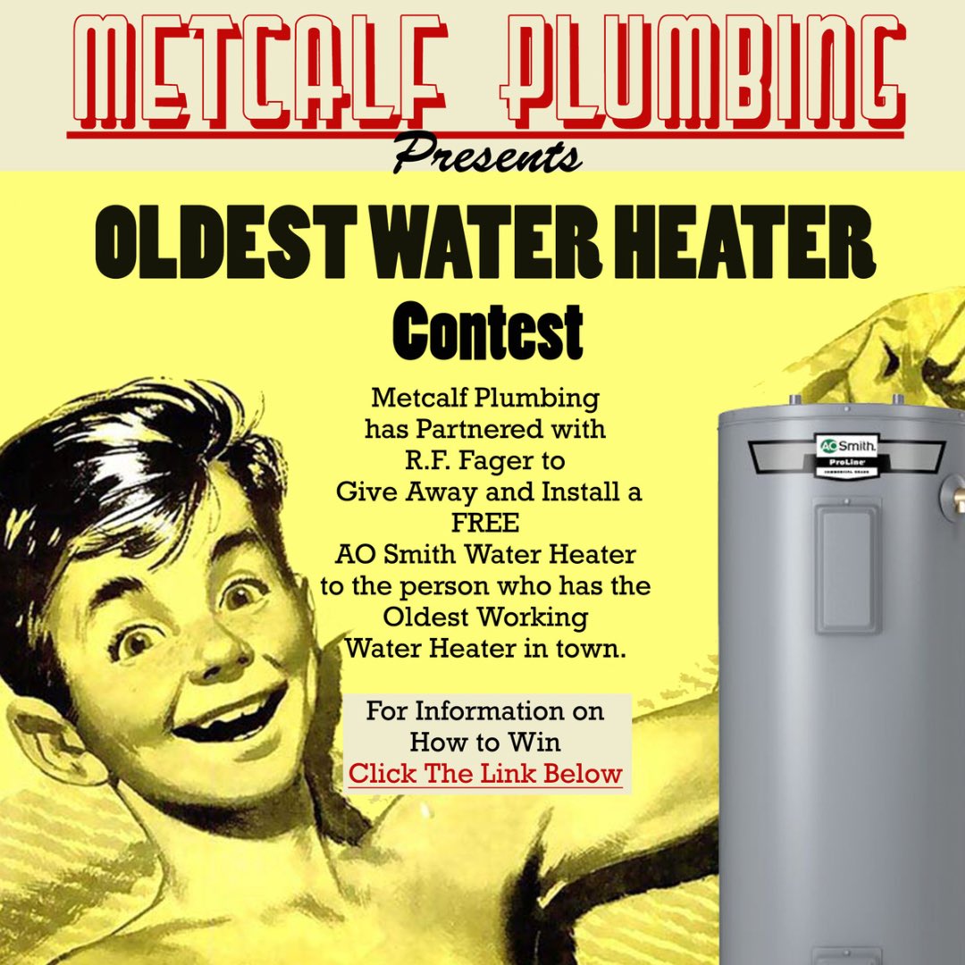 Who needs a new water heater? My client, <a href="/PlumbingMetcalf/">Metcalf Plumbing</a> is having a contest to win a new one installed for FREE! Enter today;-)
metcalfplumbing.com/win/