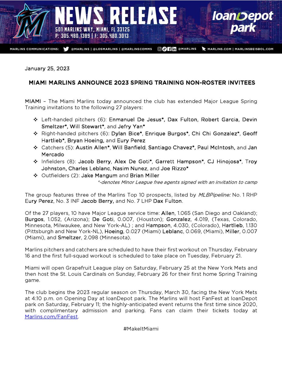 MarlinsComms's tweet photo. Marlins Announce 2023 Spring Training Non-Roster Invitees https://t.co/oNbkunZHHj