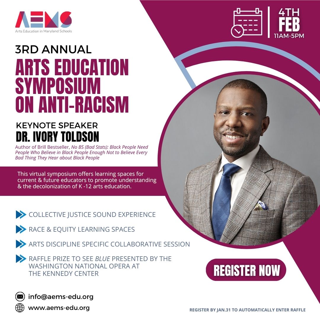 Check it out: @ArtsEdMaryland is presenting the Arts Education Symposium on Anti-Racism on 2/4/23! 

This virtual event features experts from each arts discipline & learning spaces for educators to address the decolonization of K-12 arts ed.

Details: aems-edu.org/arts-education…