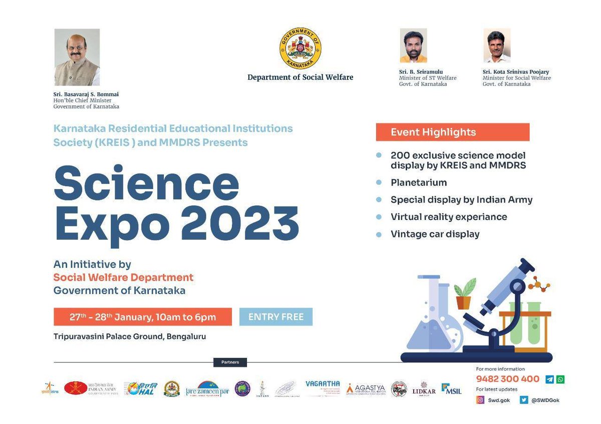 The SCIENCE EXPO 23, by the students of the KREIS <a href="/kreisemahithi/">KREIS</a> and MMDRS <a href="/DOMGOK/">Department of Minority Welfare, Govt of Karnataka</a>  residential schools. 

Other partners include: ISRO <a href="/isro/">ISRO</a> , Indian Army <a href="/adgpi/">ADG PI - INDIAN ARMY</a>, <a href="/HALHQBLR/">HAL</a> 

Please bring your children. Entry is FREE. 

<a href="/CMofKarnataka/">CM of Karnataka</a> 
<a href="/KotasBJP/">Kota Shrinivas Poojari</a> 
@SWDGok 

#KarnatakaSWD