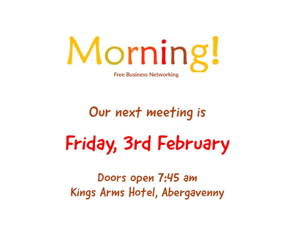 Morning! Abergavenny (@morningaber) on Twitter photo Why don’t you join us for FREE business networking in Abergavenny on 3 February. Full details and booking: bit.ly/MorningFeb3rd Friendly group of diverse businesses. Look forward to seeing you! #businessowner #networking #Abergavenny <a href="/KingsArmsAber/">Kings Arms Hotel</a> Why don’t you join us for FREE business networking in Abergavenny on 3 February. Full details and booking: bit.ly/MorningFeb3rd Friendly group of diverse businesses. Look forward to seeing you! #businessowner #networking #Abergavenny <a href="/KingsArmsAber/">Kings Arms Hotel</a>