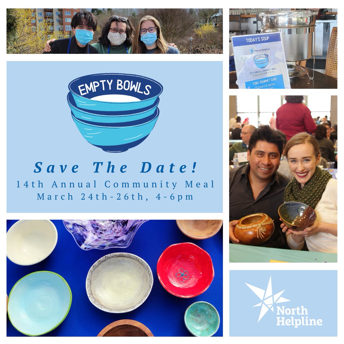 Our 14th annual community meal, Empty Bowls, is coming up!

Save the date for March 24th-26th. North Helpline will host pop-ups around the Lake City and Bitter Lake neighborhoods. This event is free for all, and we’d love for you to stop by. 
fundraiser.support/emptybowls2023