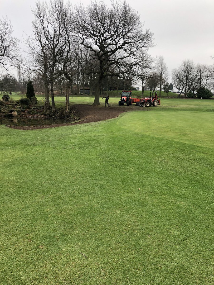 MarpleGCgreens's tweet photo. The reshaping next to the 3rd green / pond has come nicely this week , after taking out some big old tree stumps , this should now allow for water to run off the green more naturally as well providing a much better surround and playing surface. Will be turfed tomorrow 🤞🏼 https://t.co/TXm4ANWQYV