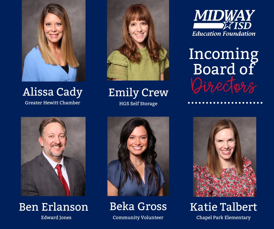 We are excited to announce our 2023 incoming directors who will further the mission of the Midway ISD Education Foundation to generate and distribute resources to the Midway Independent School District for programs and projects that enhance the quality of education.