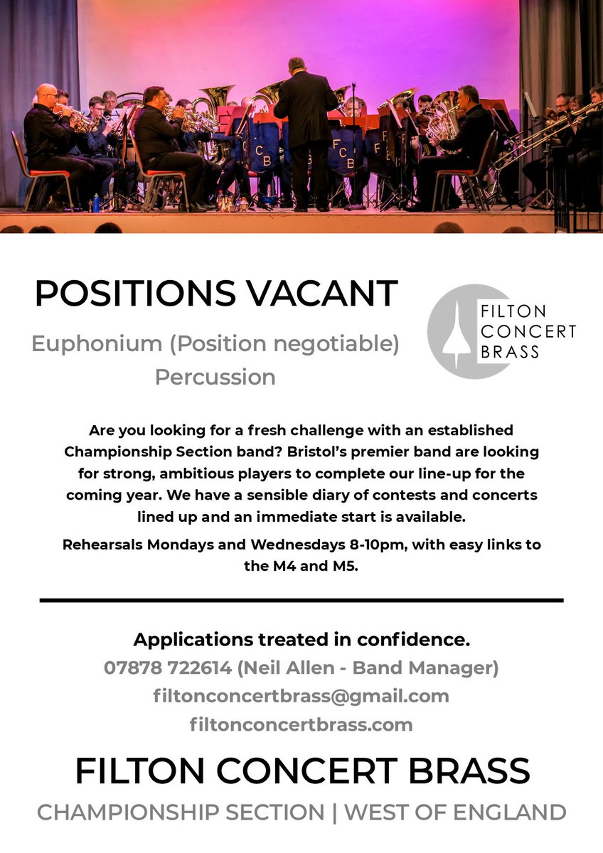 📣 VACANCIES 📣

We are looking for a top-class Euphonium player along with Percussionists to complete our line-up under MD Nathan Jenkins.
All applications treated in confidence.

📱 07878 722614 (Neil Allen - Band Manager)
📧 filtonconcertbrass@gmail.com