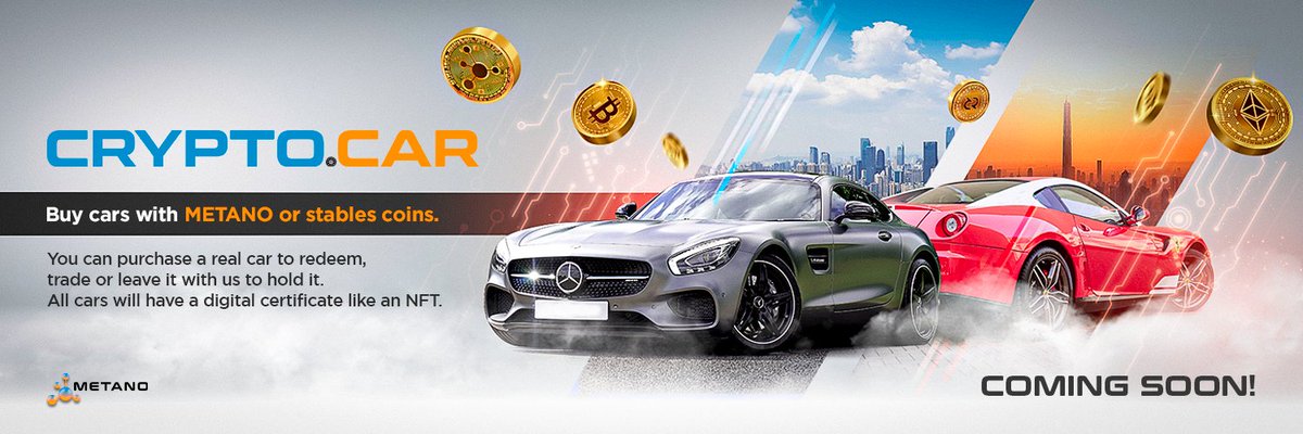 CryptodotCar's tweet photo. CryptoCar will revolutionize the used-car sales industry.
You will be able to purchase a real car to redeem, trade, or leave it with us to hold it. 
All cars will have a digital certificate like an NFT.
$METANO $CRYPTODOTCAR #BITCOIN https://t.co/hODAqgC0hA https://t.co/ca2CRTfRSs
