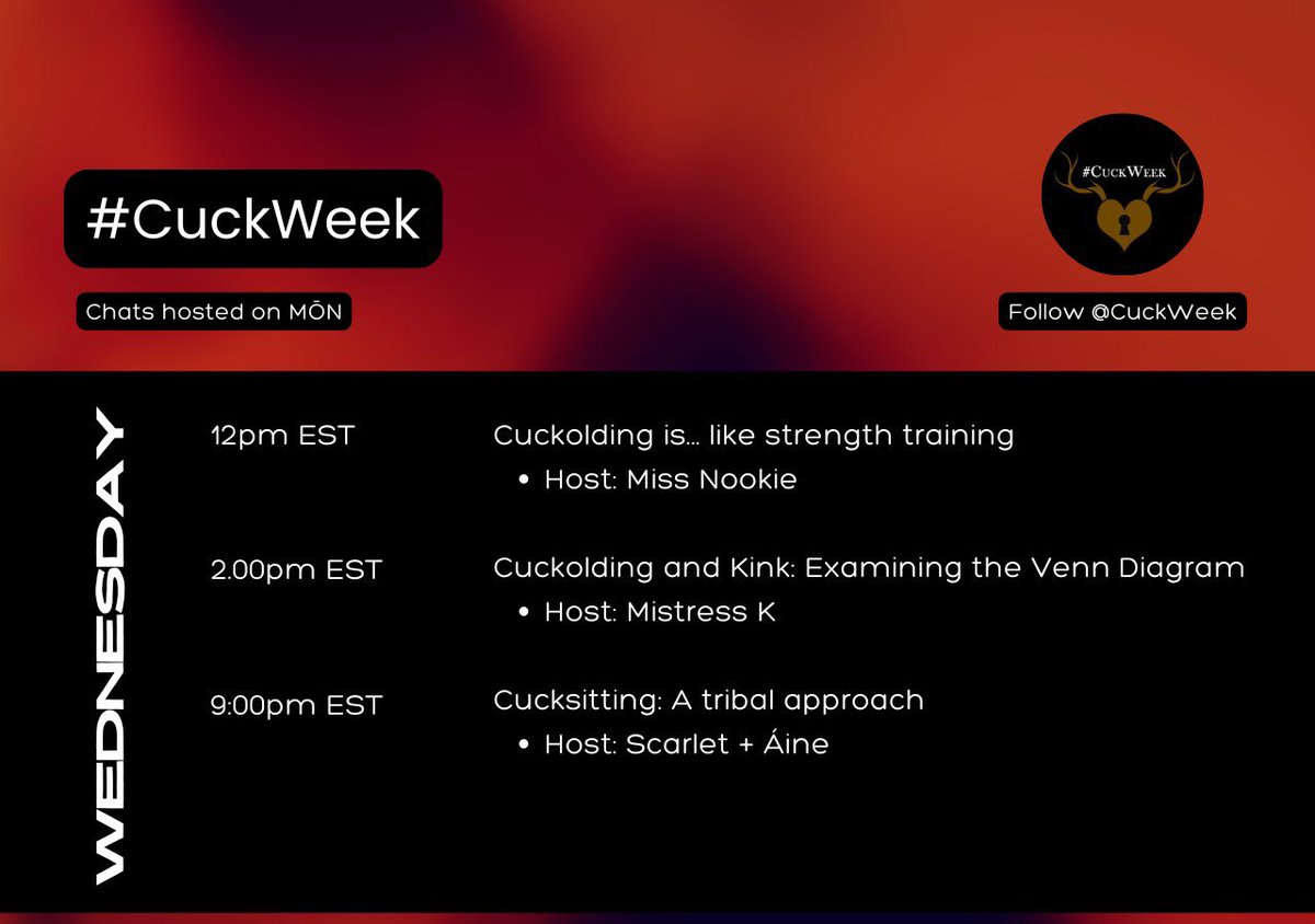 CuckWeek's tweet photo. Day 3!! Join all the amazing conversations on @TheMONApp for #CuckWeek2023 https://t.co/OhNMv8viU5