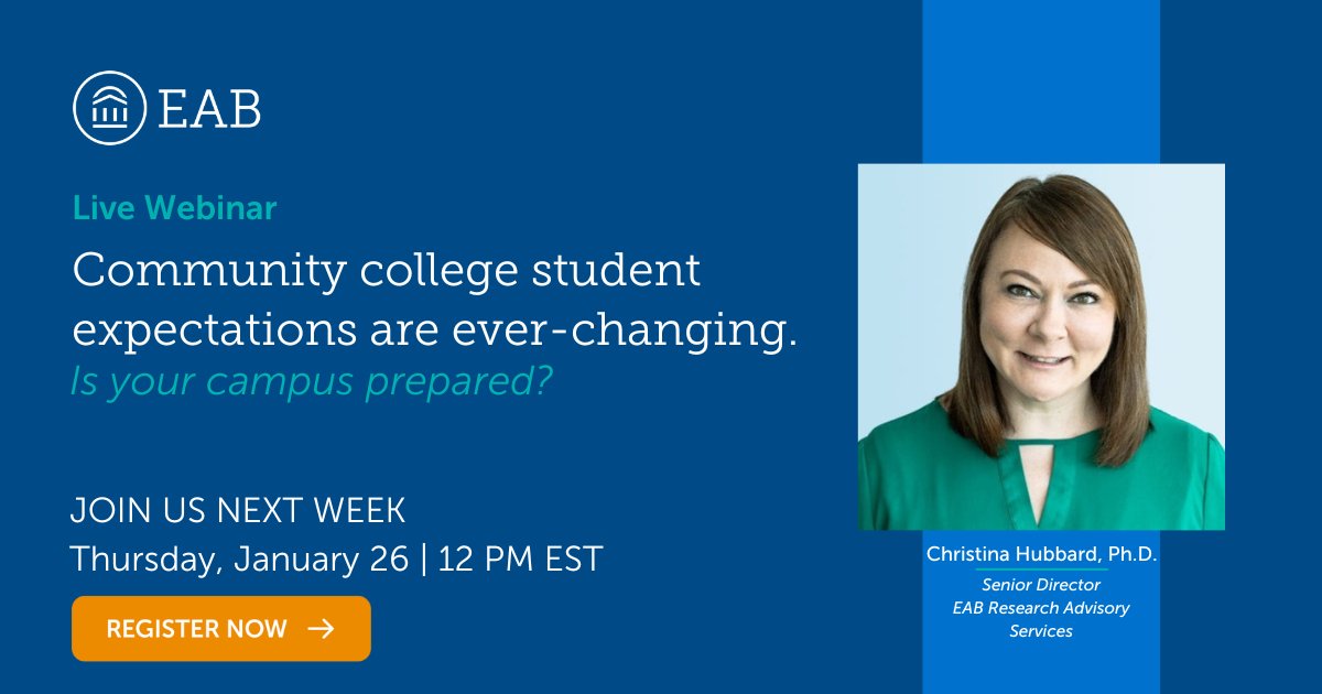 EAB's tweet photo. [LIVE WEBINAR] 6 hallmarks of a modern, personalized student experience from #enrollment to career preparation, and learn how innovative two-year institutions have brought them to life. #commcollege #TeamTwoYear https://t.co/wwfd82HXhq https://t.co/zVQs0zPd7G